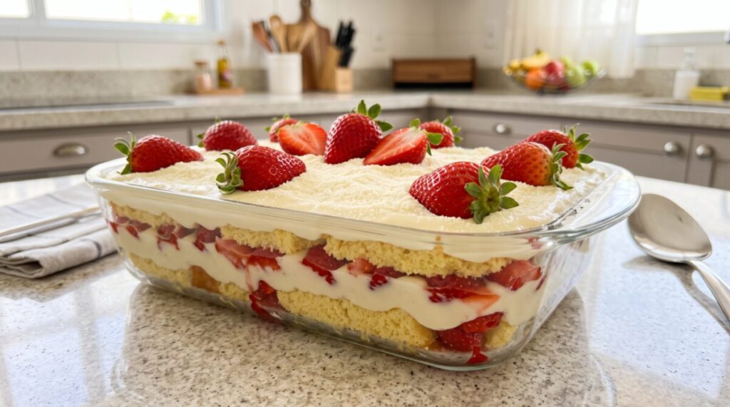 Bolo gelado de leite Ninho com morango de travessa para o fim de semana