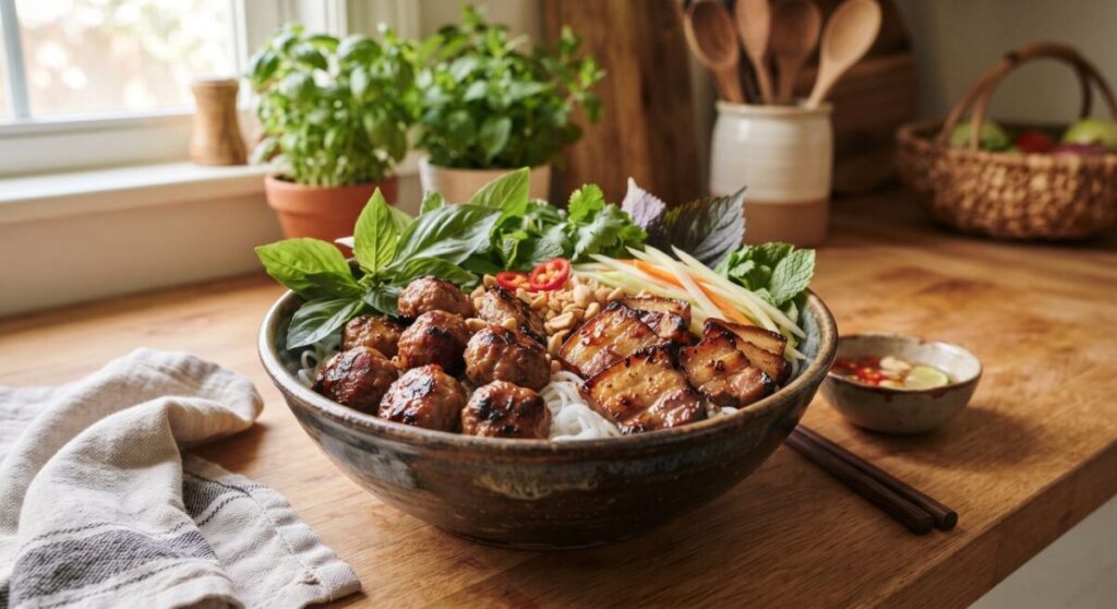 Bún chả vietnamita suculento com molho agridoce e ervas frescas