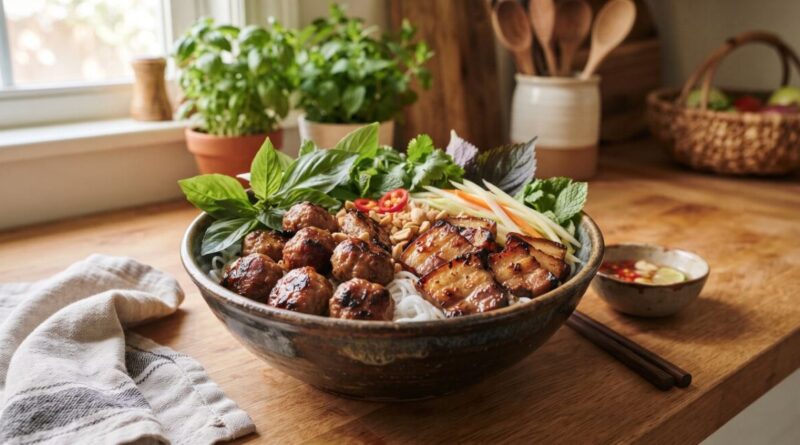 Bún chả vietnamita suculento com molho agridoce e ervas frescas