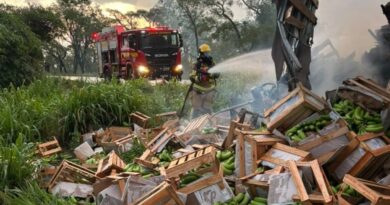 Caminhão carregado com bananas pega fogo após batida na MGC-497 entre Prata e Uberlândia