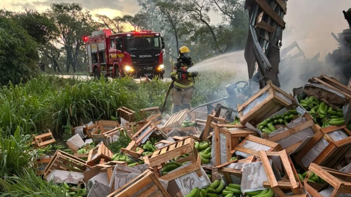 Caminhão carregado com bananas pega fogo após batida na MGC-497 entre Prata e Uberlândia