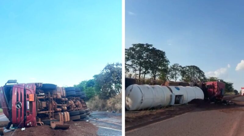 Carreta com 60 mil litros de etanol tomba e provoca interdição total de rodovia em Uberaba; combustível vazou do tanque