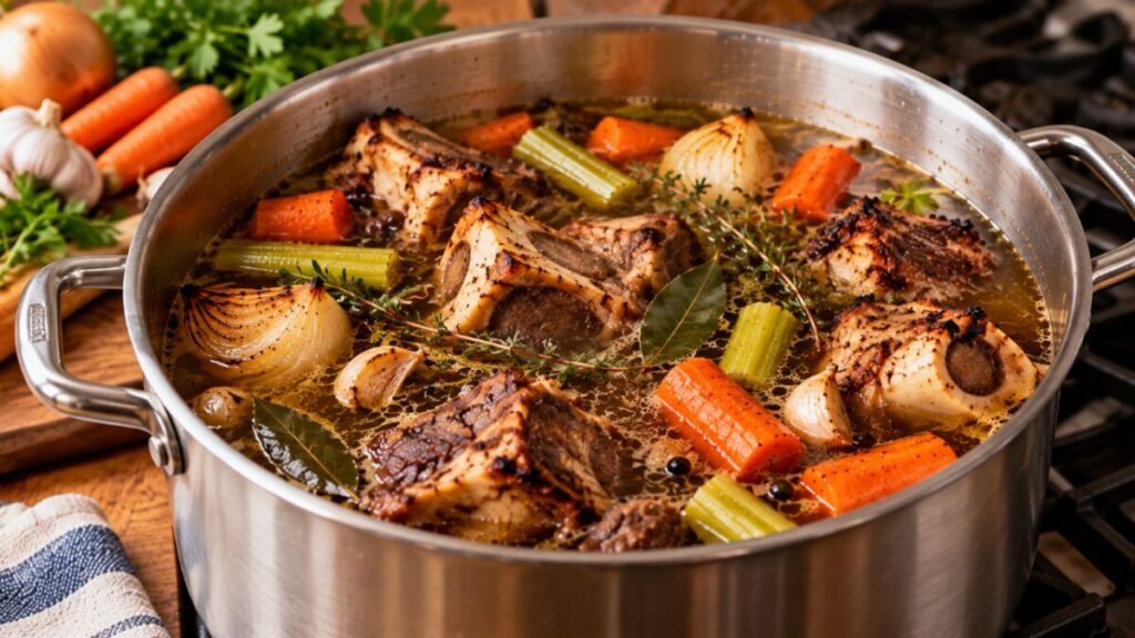 Como fazer um bom caldo de carne caseiro? O segredo é dourar os ossos e os legumes antes de cobrir com água