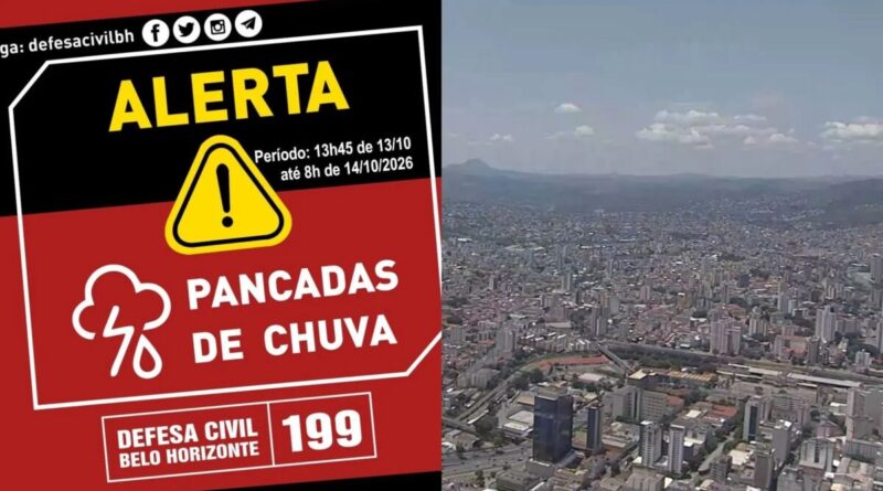Defesa Civil emite alerta de chuva com raios e ventos de 50 km/h em BH