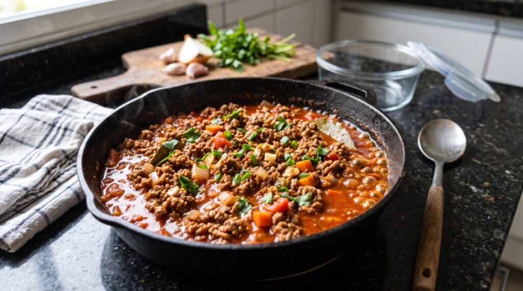 Deixe a sua carne moída refogada bem sequinha e cheia de tempero caseiro pronta na geladeira, garantindo marmitas práticas e saborosas para toda a semana
