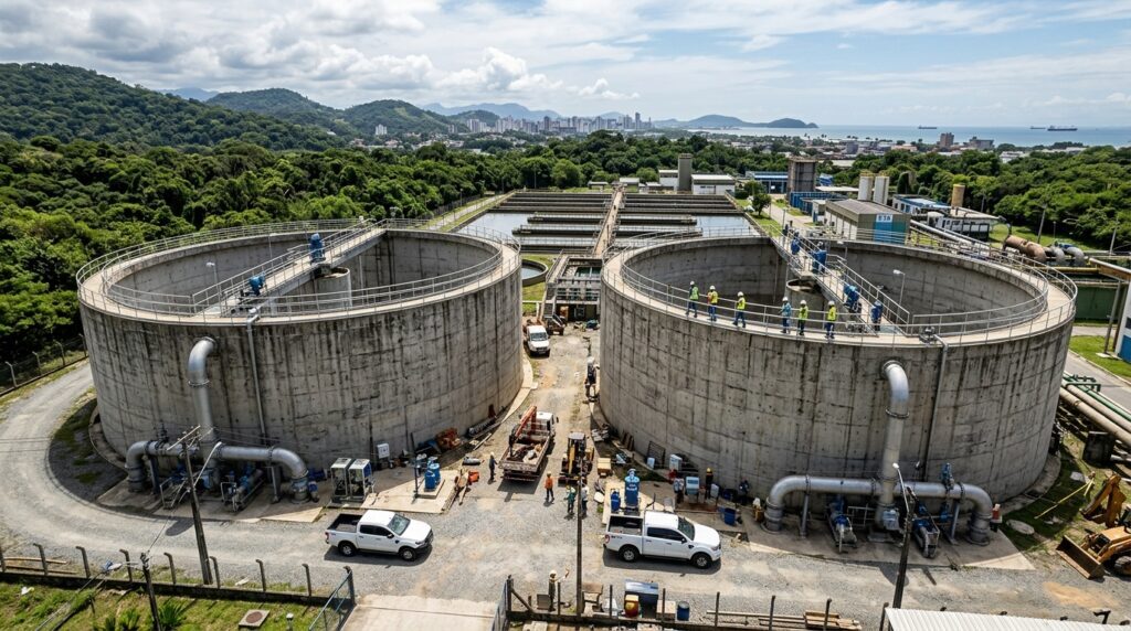 Dois reservatórios de 56 metros de diâmetro foram construídos lado a lado para guardar mais 20 milhões de litros de água no litoral de São Paulo
