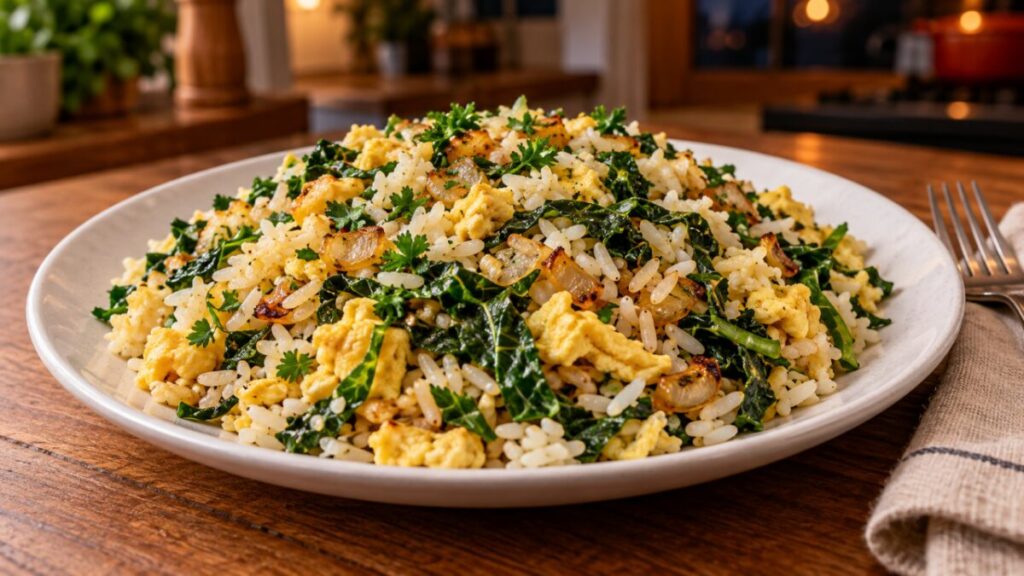 O mexido de frigideira com arroz de ontem, ovo e couve que eu faço quando bate a fome à noite