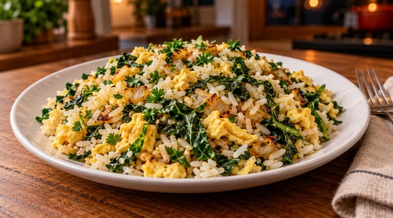 O mexido de frigideira com arroz de ontem, ovo e couve que eu faço quando bate a fome à noite