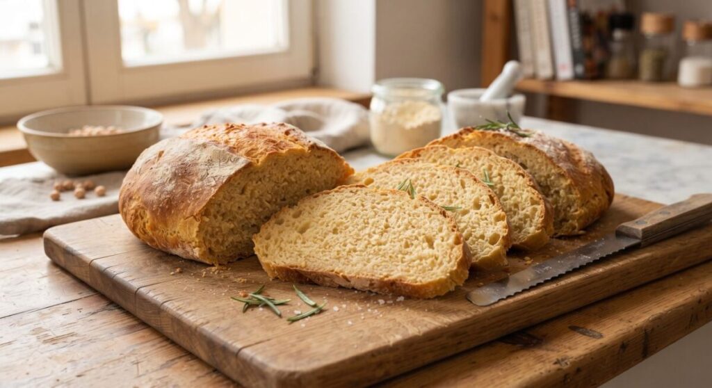 Pão caseiro saudável de grão-de-bico com casquinha firme e miolo nutritivo cortado em fatias perfeitas