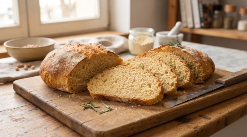 Pão caseiro saudável de grão-de-bico com casquinha firme e miolo nutritivo cortado em fatias perfeitas