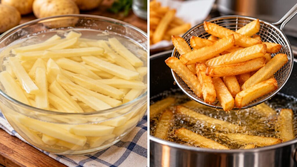 Por que é recomendado deixar a batata de molho na água fria antes de fritar, e como fazer isso?