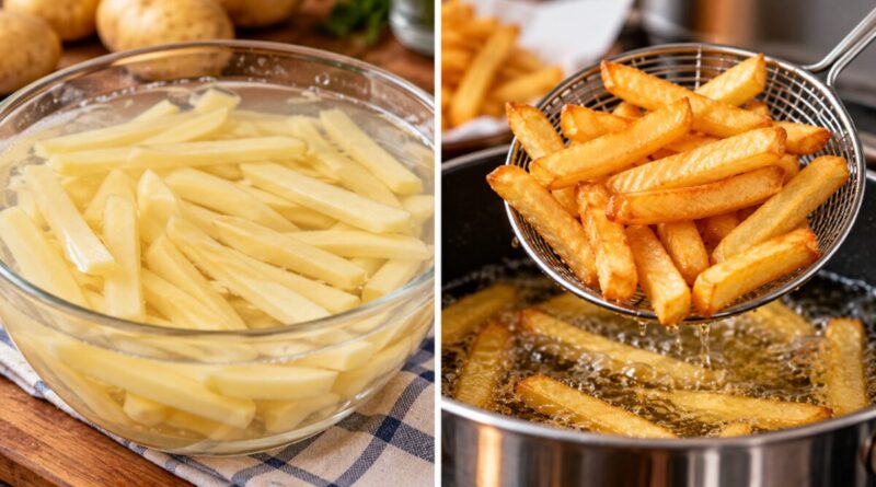 Por que é recomendado deixar a batata de molho na água fria antes de fritar, e como fazer isso?