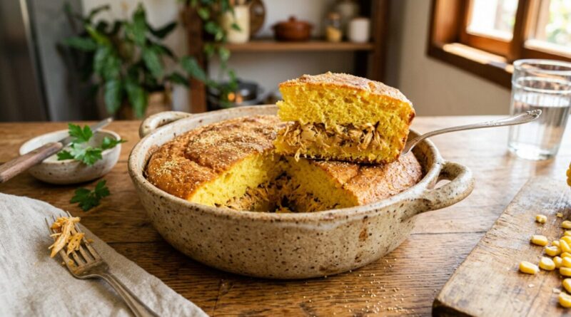 Torta de liquidificador de fubá com recheio de frango fofinha e cheia de sabor
